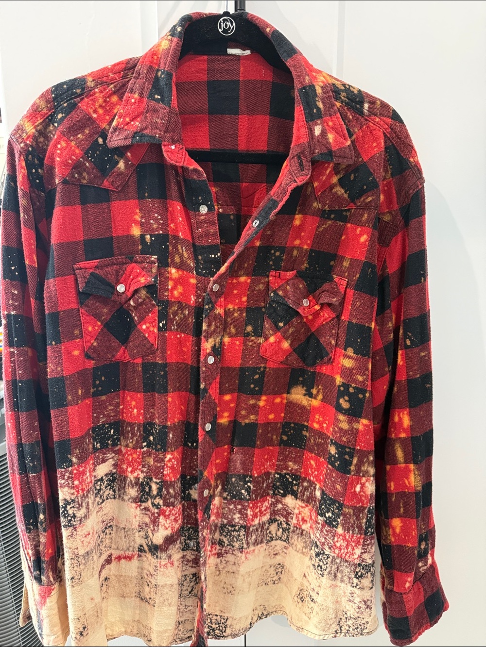 Custom bleached Red and Black Plaid Button-Up with back design